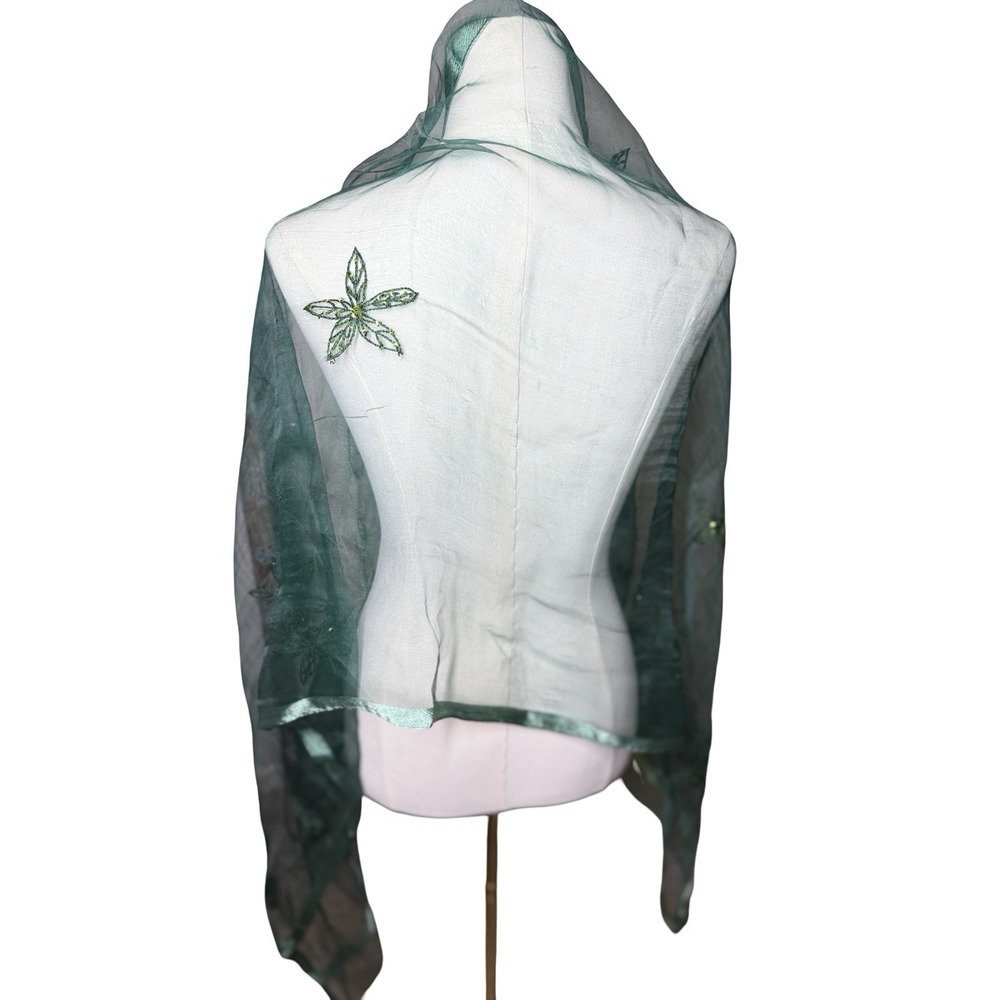 100% Silk Green Organza Embroidered Beaded Floral Scarf Shawl Wrap 27x62 NWT‎